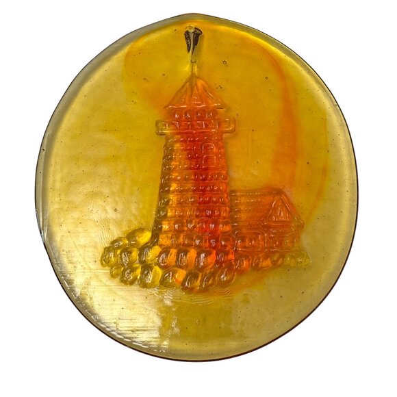 Glass Lighthouse Suncatcher Window Art Decor 8" Yellow Orange Stained Glass - Picture 1 of 8